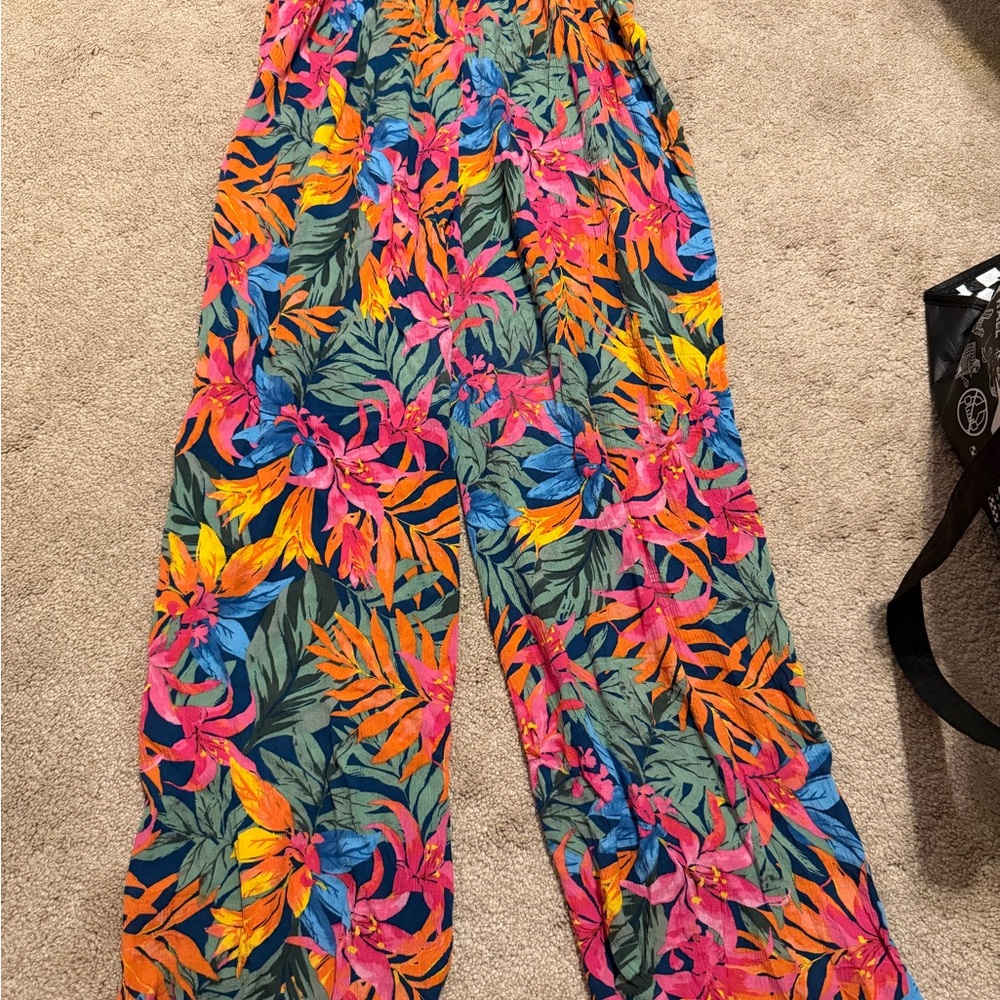swim cover up Tropical Floral Wide-Leg Pants in Navy, Pink & Orange - Picture 3 of 4